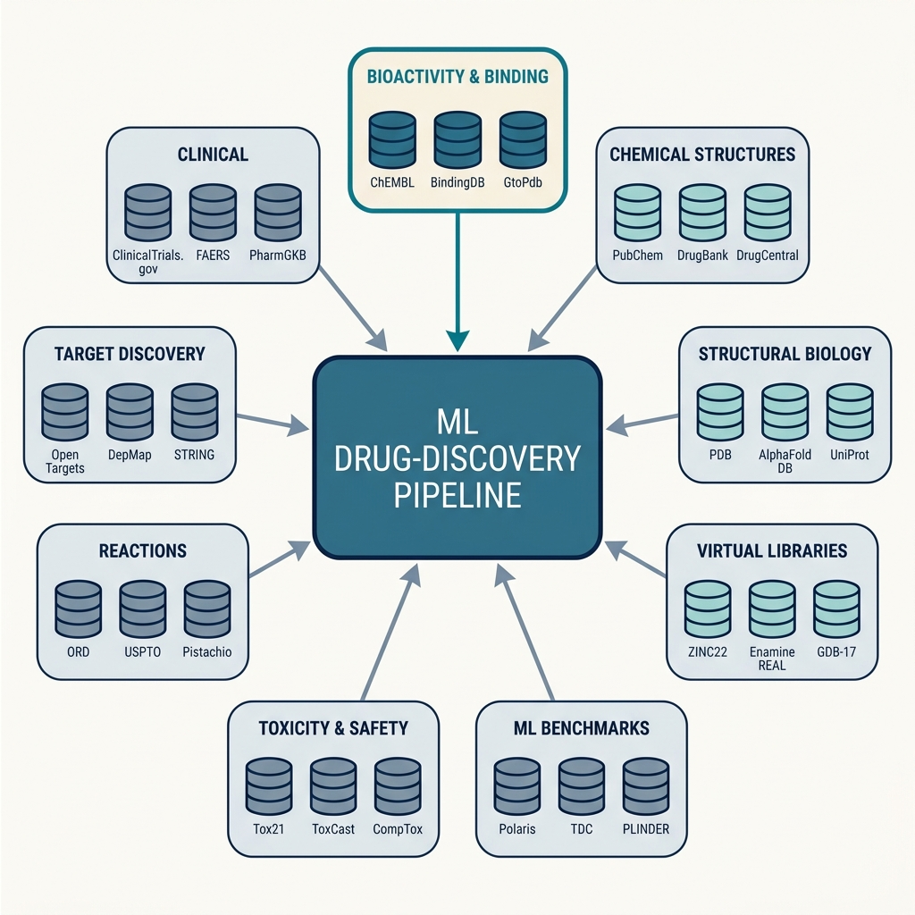 Public data repositories grouped by category (bioactivity and binding, chemical structures, structural biology, virtual libraries, ML benchmarks, toxicity and safety, reactions, target discovery, and clinical data), all feeding a central machine-learning drug-discovery pipeline.