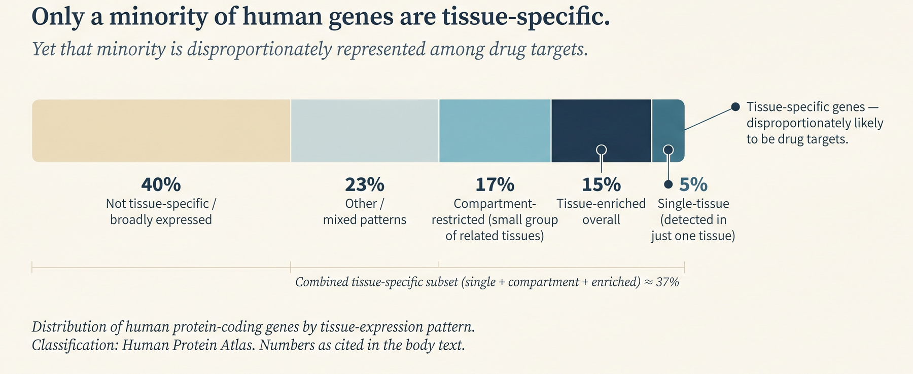 Tissue-expression distribution of human protein-coding genes: ~5% single-tissue (accent), ~17% compartment-restricted, ~15% tissue-enriched, ~23% mixed, ~40% broadly expressed.