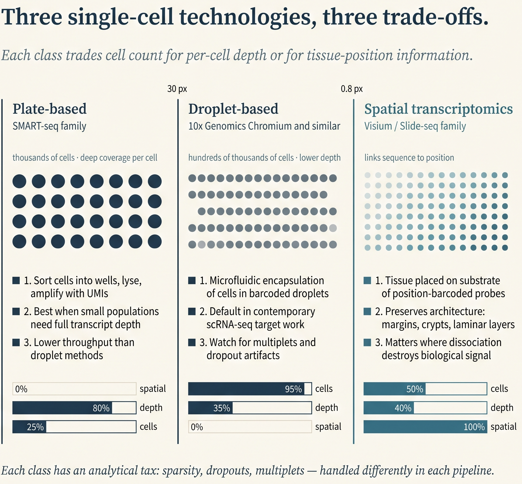Three single-cell RNA-seq classes (plate-based, droplet-based, and spatial transcriptomics) with their respective scale, depth, and architectural-information trade-offs.