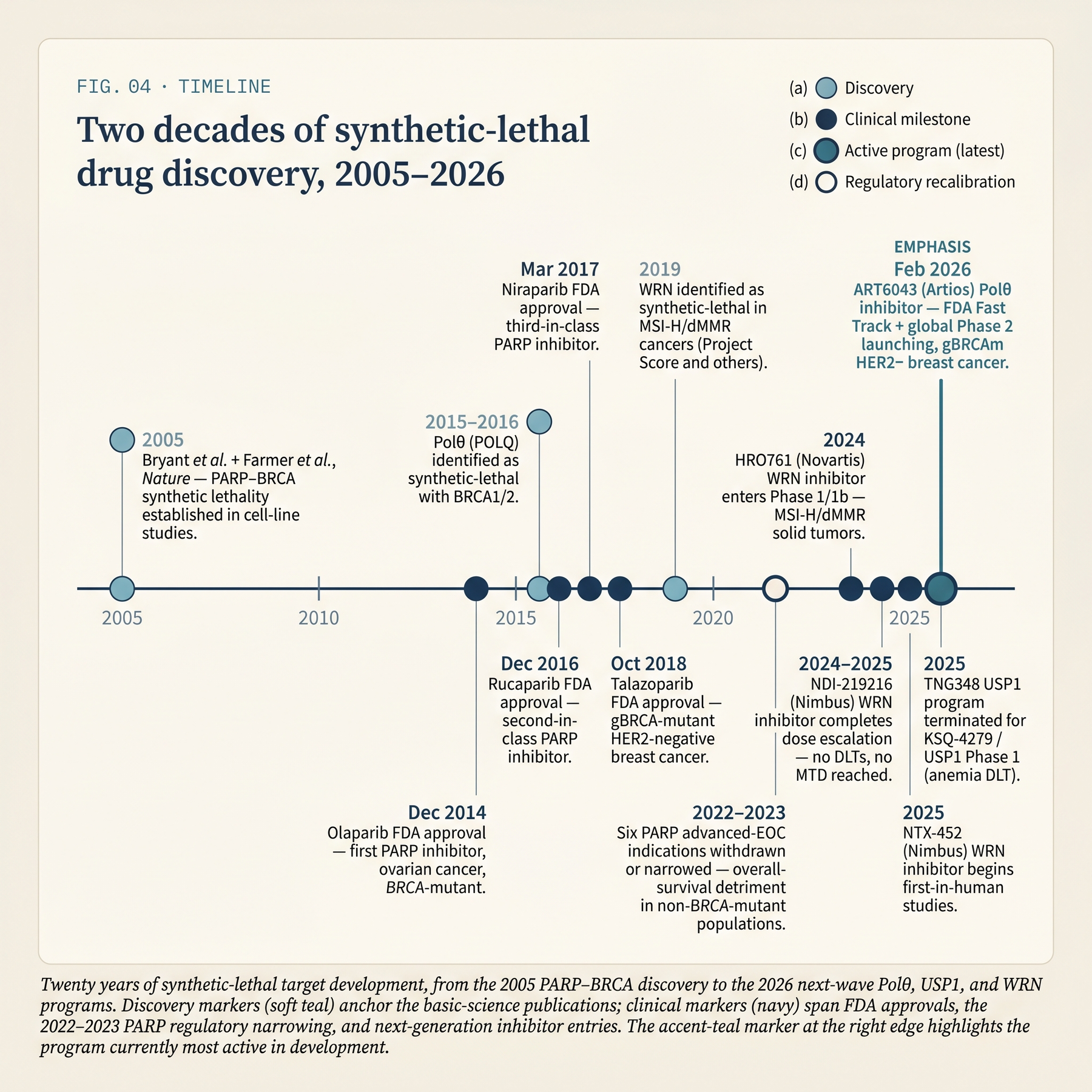Synthetic-lethality timeline 2005–2026: PARP–BRCA discovery and the first PARP approvals, the 2022–2023 ovarian-cancer label narrowing in response to overall-survival data, and the 2024–2026 next-wave Polθ, USP1, and WRN programs.